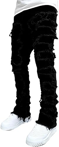 Herren Gestapelte Jeans Slim Fit Ripped Skinny Stretch Jeans Distressed Gerade Denim Hosen Hip Hop Hosen Streetwear (schwarz,M) von TUBBLI