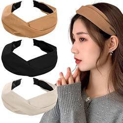 3Pcs Knotted Headband for Women Wide Leather Headband Black Brown Top Knot Headband Set Fashion Fall Cross Knotted Headbands Plain Thick Elastic Turban Hairbands Non-Slip Hair Accessories for Girls von TUCEWP
