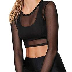 TUDUZ Damen Langarm Pullover, Frauen Langarm Shirt Transparent Tüll Mesh Bluse Body T-Shirt Tunika Tops Schwarz (Z2-Schwarz, EU38/M) von TUDUZ