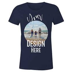 Frau T-Shirt mit Eigenem Foto Text Logo Name Selbst Gestalten - Ringgesponnene Baumwolle - Vollfarbiger Druck - L - |Marine Blau| von TULLUN