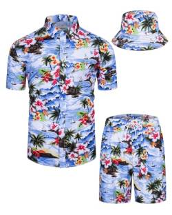 TUNEVUSE Herren Hawaiian Hemden und Shorts Set 2-Stücke Tropische Outfits Gedruckt Button Down Beach Shirt Anzug mit Eimer Hüte Blau Groß von TUNEVUSE