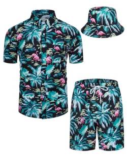 TUNEVUSE Herren Hawaiian Hemden und Shorts Set 2-Stücke Tropische Outfits Gedruckt Button Down Beach Shirt Anzug mit Eimer Hüte Schwarz Medium von TUNEVUSE