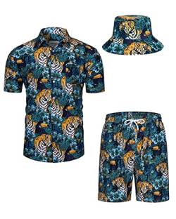 TUNEVUSE Herren Hawaiihemd und Shorts Set, 2-teiliges tropisches Set, Blumen bedruckte Knopf Strand Set mit Hut Blau 4X-Large von TUNEVUSE