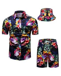 TUNEVUSE Herren Hawaiihemd und Shorts Set, 2-teiliges tropisches Set, Blumen bedruckte Knopf Strand Set mit Hut Blau 5X-Large von TUNEVUSE