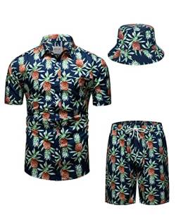 TUNEVUSE Herren Hawaiihemd und Shorts Set, 2-teiliges tropisches Set, Blumen bedruckte Knopf Strand Set mit Hut Blau Groß von TUNEVUSE