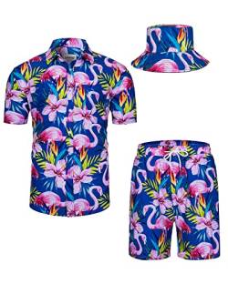 TUNEVUSE Herren Hawaiihemd und Shorts Set, 2-teiliges tropisches Set, Blumen bedruckte Knopf Strand Set mit Hut Blau Klein von TUNEVUSE