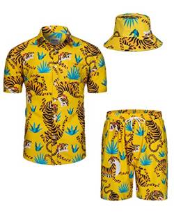 TUNEVUSE Herren Hawaiihemd und Shorts Set, 2-teiliges tropisches Set, Blumen bedruckte Knopf Strand Set mit Hut Gelb Klein von TUNEVUSE