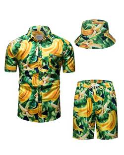TUNEVUSE Herren Hawaiihemd und Shorts Set, 2-teiliges tropisches Set, Blumen bedruckte Knopf Strand Set mit Hut Gelb Medium von TUNEVUSE