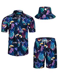 TUNEVUSE Herren Hawaiihemd und Shorts Set, 2-teiliges tropisches Set, Blumen bedruckte Knopf Strand Set mit Hut Grün 5X-Large von TUNEVUSE