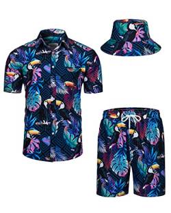 TUNEVUSE Herren Hawaiihemd und Shorts Set, 2-teiliges tropisches Set, Blumen bedruckte Knopf Strand Set mit Hut Grün Groß von TUNEVUSE