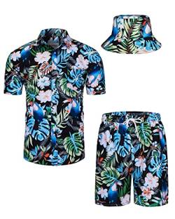 TUNEVUSE Herren Hawaiihemd und Shorts Set, 2-teiliges tropisches Set, Blumen bedruckte Knopf Strand Set mit Hut Grün Groß von TUNEVUSE