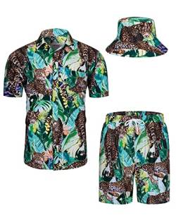 TUNEVUSE Herren Hawaiihemd und Shorts Set, 2-teiliges tropisches Set, Blumen bedruckte Knopf Strand Set mit Hut Grün X-Large von TUNEVUSE