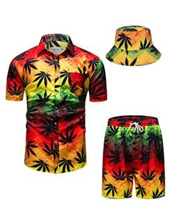 TUNEVUSE Herren Hawaiihemd und Shorts Set, 2-teiliges tropisches Set, Blumen bedruckte Knopf Strand Set mit Hut Orange 3X-Large von TUNEVUSE