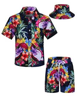 TUNEVUSE Kleine und große Jungen Hawaiian Button Down Hemds und Short Set Tropical Print Sommerkleid mit Matchstick Hut Kinder 2-teilige Kleidung Cabana Set Blau 11-12T von TUNEVUSE