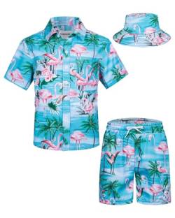 TUNEVUSE Kleine und große Jungen Hawaiian Button Down Hemds und Short Set Tropical Print Sommerkleid mit Matchstick Hut Kinder 2-teilige Kleidung Cabana Set Blau 13-14T von TUNEVUSE