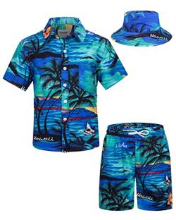 TUNEVUSE Kleine und große Jungen Hawaiian Button Down Hemds und Short Set Tropical Print Sommerkleid mit Matchstick Hut Kinder 2-teilige Kleidung Cabana Set Blau 9-10T von TUNEVUSE
