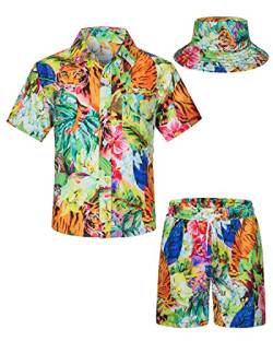 TUNEVUSE Kleine und große Jungen Hawaiian Button Down Hemds und Short Set Tropical Print Sommerkleid mit Matchstick Hut Kinder 2-teilige Kleidung Cabana Set Grün 11-12T von TUNEVUSE