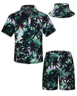 TUNEVUSE Kleine und große Jungen Hawaiian Button Down Hemds und Short Set Tropical Print Sommerkleid mit Matchstick Hut Kinder 2-teilige Kleidung Cabana Set Grün 9-10T von TUNEVUSE