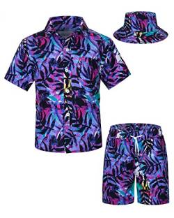 TUNEVUSE Kleine und große Jungen Hawaiian Button Down Hemds und Short Set Tropical Print Sommerkleid mit Matchstick Hut Kinder 2-teilige Kleidung Cabana Set Lila 13-14T von TUNEVUSE