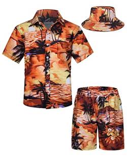 TUNEVUSE Kleine und große Jungen Hawaiian Button Down Hemds und Short Set Tropical Print Sommerkleid mit Matchstick Hut Kinder 2-teilige Kleidung Cabana Set Orange 11-12T von TUNEVUSE