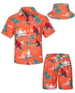 TUNEVUSE Kleine und große Jungen Hawaiian Button Down Hemds und Short Set Tropical Print Sommerkleid mit Matchstick Hut Kinder 2-teilige Kleidung Cabana Set Orange 5-6T von TUNEVUSE