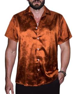 TUNEVUSE Männer Satin Shirt Glänzend Kurzarm Floral Button Down Jacquard Kleid Sommer Solid Shirt Tops S-5XL Orange Groß von TUNEVUSE