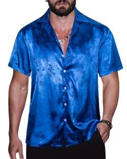 TUNEVUSE Männer Satin Shirt Glänzend Kurzarm Floral Button Down Jacquard Kleid Sommer Solid Shirt Tops S-5XL Schatz Blau 5X-Large von TUNEVUSE