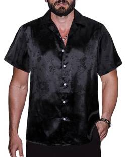 TUNEVUSE Männer Satin Shirt Glänzend Kurzarm Floral Button Down Jacquard Kleid Sommer Solid Shirt Tops S-5XL Schwarz 3X-Large von TUNEVUSE