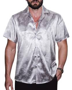 TUNEVUSE Männer Satin Shirt Glänzend Kurzarm Floral Button Down Jacquard Kleid Sommer Solid Shirt Tops S-5XL Silber 4X-Large von TUNEVUSE