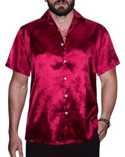 TUNEVUSE Männer Satin Shirt Glänzend Kurzarm Floral Button Down Jacquard Kleid Sommer Solid Shirt Tops S-5XL Weinrot 3X-Large von TUNEVUSE