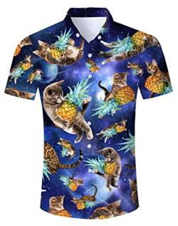 Hawaiihemd Herren Funky Ananas Hawaii Hemd Button Down Lustig Hemd Bunt Männer Kurzarm Aloha Sommerhemd Freizeithemd für Strandurlaub Blau XL von TUONROAD