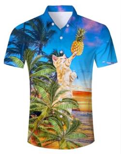 Hawaiihemd Herren Funky Katze Ananas Hawaii Hemd Button Down Lustig Hemd Bunt Männer Kurzarm Aloha Sommerhemd Freizeithemd für Strandurlaub Blau L von TUONROAD
