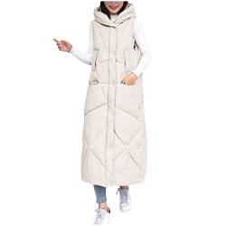 Lange Weste Damen Winterjacke Damen Mit Kapuze Ärmellose Daunenweste Damen mit Reißverschluss Herbst Winter Lange Weste Damen Bodywarmer Jacken Pufferjacke Lange Weste Fleece Jacke (Beige, M) von TUQIDEWU