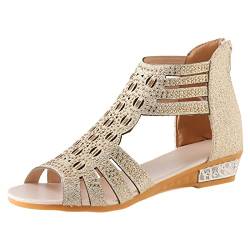 Sandalen Damen Sommer Schöne Sandaletten Damen mit Absatz Damen Lässig Glitzernde Strass Dekoration Sandalen mit Reißverschluss Hinten Römersandalen Damen Peep Toe Orthopädische Sandalen Damen von TUQIDEWU