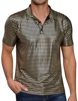 TURETRENDY Herren 70er Jahre Disco Shirts Glänzende Pailletten Kurzarm Party Poloshirt Hipster Nachtclub Abschlussball Kostüm T-Shirt, Goldfarben/Schwarz kariert, XL von TURETRENDY