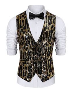 TURETRENDY Herren Glänzende Pailletten Weste V-Ausschnitt Slim Fit Stilvolle Weste Weste mit Taschen für Party Dinner Prom, Schwarz Gold, XX-Large von TURETRENDY