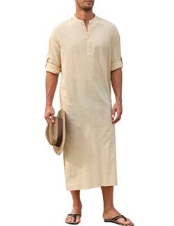 TURETRENDY Herren Langarm Kaftan Thobe Button Down Henley Robe Casual Side Split Gown Shirt mit Tasche, Khaki, Medium von TURETRENDY