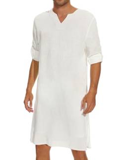 TURETRENDY Herren V-Ausschnitt Kaftan Robe Langarm Casual Thobe Side Split Kleid Shirt, Weiss/opulenter Garten, X-Large von TURETRENDY