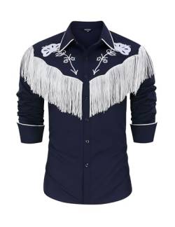 TURETRENDY Herren Western Cowboy Fransen Hemden Langarm bestickt Slim Fit Casual Button Down Shirts, Marineblau, XX-Large von TURETRENDY