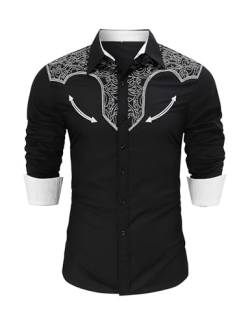 TURETRENDY Herren Western Cowboy Hemd Bestickt Langarm Slim Fit Casual Button Down Hippie Shirts, Schwarz-Weiß, Mittel von TURETRENDY