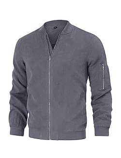 TURETRENDY Herren Wildleder Bomber Varsity Leder Jacken Leichte Softshell Flug Full Zip Casual Mantel, grau dunkel, Medium von TURETRENDY