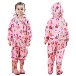 TURMIN Kinder Regenmantel mit Kapuze Mädchen Jungen Wasserdicht Regenanzug All in One Süß Muster Regenjacke Regenbekleidung Regen Poncho für Grundschüler Jungen Mädchen-Rosa-XL von TURMIN