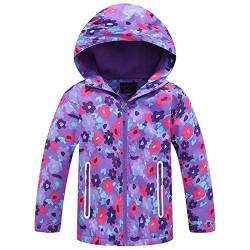 TURMIN Mädchen Regenjacke, Mit Fleece Gefütterter Regenmantel für Kinder Leichte Windjacke mit Kapuze Floral Bedruckte Jacken-Lila Blume-120(4-5 Jahre) von TURMIN