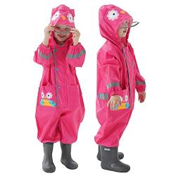 TURMIN Regenmäntel Jungen Mädchen Regenanzug Regenjacke mit Kapuze Poncho Wasserdichte Kinder Einteiliger Regenbekleidung Tragbar-Rosenrote Eule-S(1-3 Jahre) von TURMIN