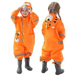 TURMIN Regenmäntel Jungen Mädchen Regenanzug Regenjacke mit Kapuze Poncho Wasserdichte Kinder Einteiliger Regenbekleidung Tragbar-Tigerin-XL(7-9 Jahre) von TURMIN