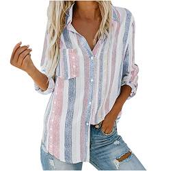 Bluse Damen Langarm Elegante Streifen Reverskragen Knopf Casual Top Lose Cardigan Female Hemd Brusttasche Büro Retro Freizeit Oberteil Shirt S-XXL von TURWXGSO