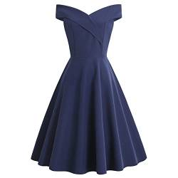 Damen 1950er Rockabilly Kleider V-Ausschnitt Kurzarm Schulterfrei Midi Kleider A Linie Vintage Swing Partykleider Halloween Karneval Kostüme Requisiten Geschenk Retro Solide Kleider, 1 $ Marineblau, L von TURWXGSO