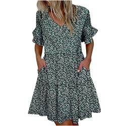 Frauen Casual Loose V-Ausschnitt Rüschen Kurzarm Print Taschenkleid, Damen Casual Kleider, Weiße Kleider von TURWXGSO