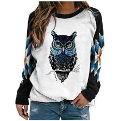 Pullover Damen Langarm Eule Feder Retro Muster Rundhals Casual Female T-Shirt Elegante Lose Herbst Winter Frühling Sweatshirt Bluse Freizeit Outdoor Oberteil Top S-XXL von TURWXGSO