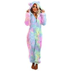 Schlafanzug Damen Warm Plüsch Jumpsuit Langarm Onesie Fleece Pyjama Muster Farbblock Overall Kuschelig Hausanzug Anzug Flauschig Tieroutfit Warme Schlafoverall mit Kapuze Reißverschluss S-XXL von TURWXGSO